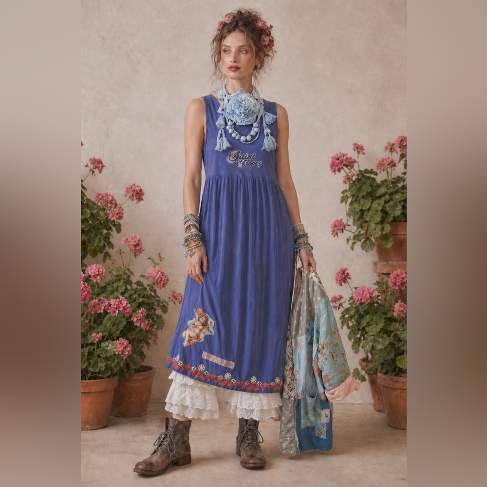 Hand Crafted Navy Blue Maxi Dress with Pink & Orange Accents